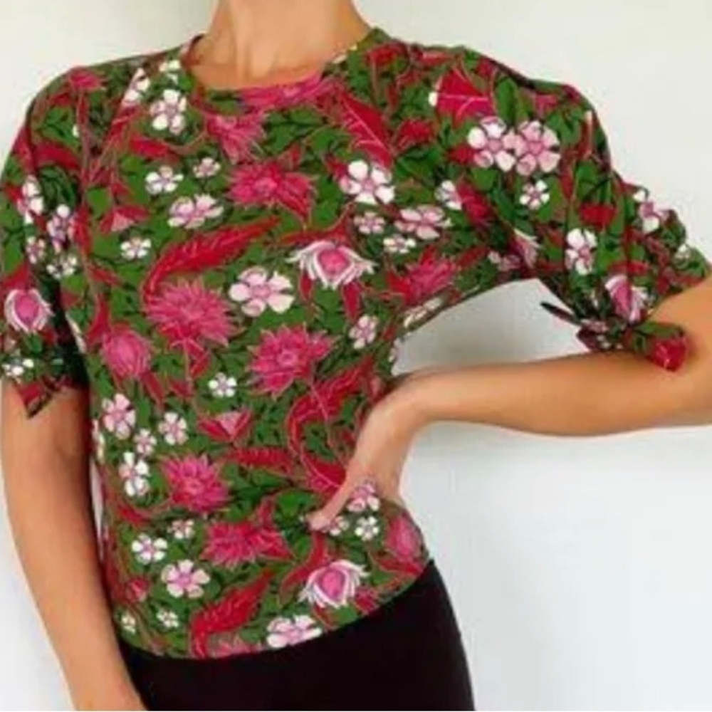 Zara blouse floral tie sleeve color:green/pink Size:S - Picture 2 of 8